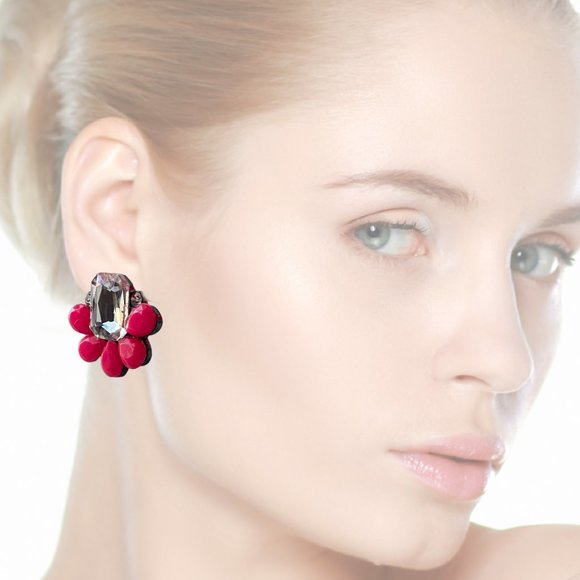Statement Fashion Earrings Clear/Hot Pink Stones Stud Post for Pierced Ears - Picture 4 of 4